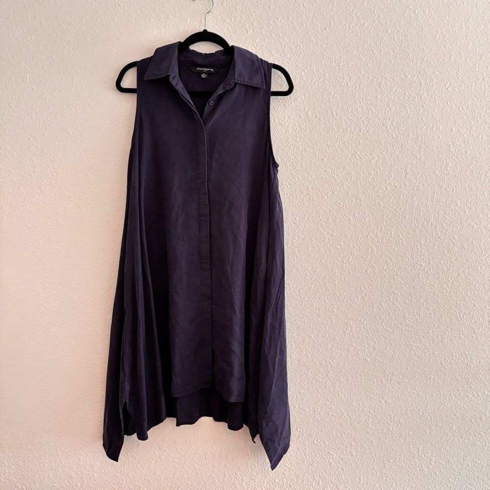 Sharagano Navy Blue 100% Tencel Sleeveless Button Up A-Line Dress Small Great